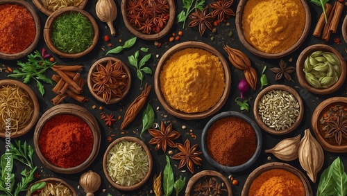 Various spices and herbs in bowls on a dark wooden background