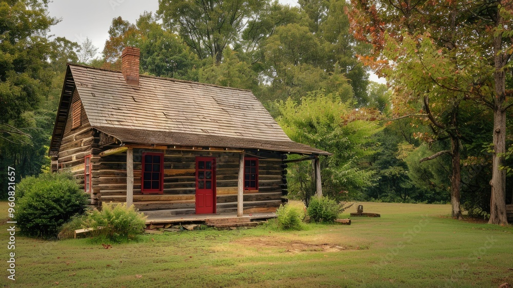 Rustic log cabin with red doors in lush, green clearing surrounded by trees Rustic log cabin with red doors in lush, green clearing surrounded by trees