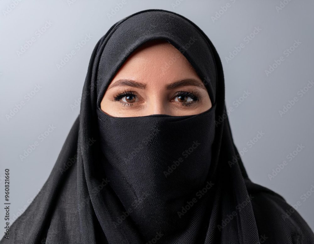 Portrait of a Woman Wearing a Burqa in a Studio with Copy Space on White Background Portrait of a Woman Wearing a Burqa in a Studio with Copy Space on White Background