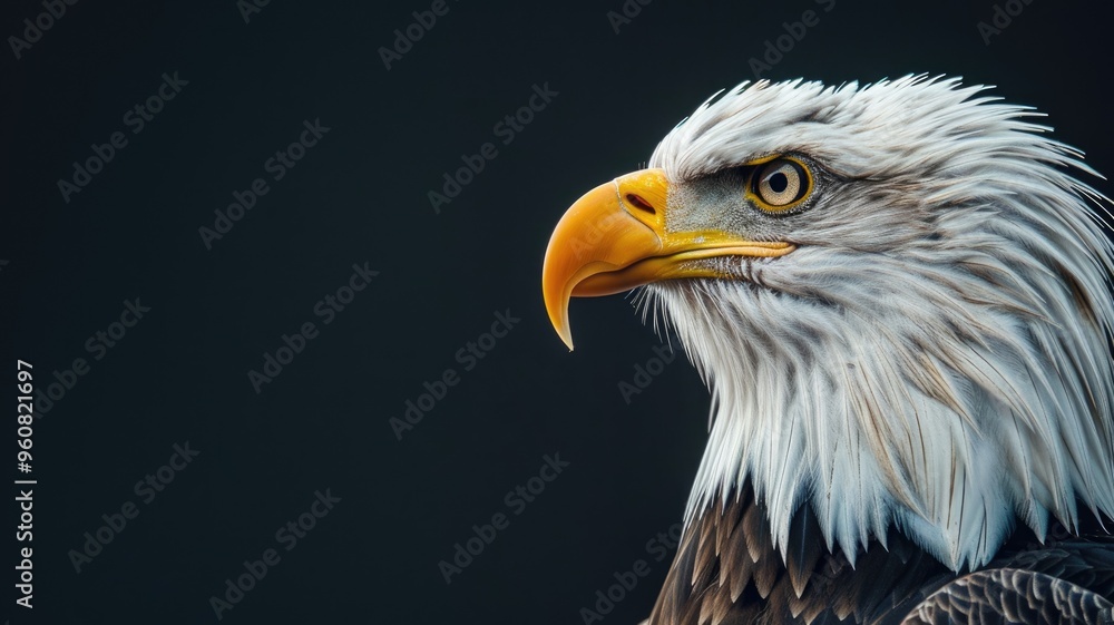 Close-up of majestic bald eagle against dark background, showcasing detailed plumage and sharp beak Close-up of majestic bald eagle against dark background, showcasing detailed plumage and sharp beak