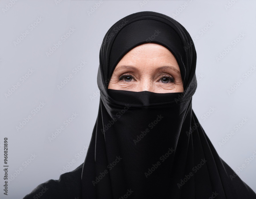 Portrait of a Woman Wearing a Burqa in a Studio with Copy Space on White Background Portrait of a Woman Wearing a Burqa in a Studio with Copy Space on White Background