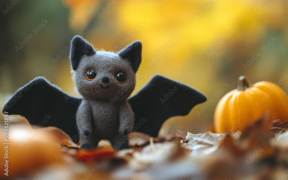Little cute bat Halloween toy. Felt toy character on blurred autumn forest background Little cute bat Halloween toy. Felt toy character on blurred autumn forest background
