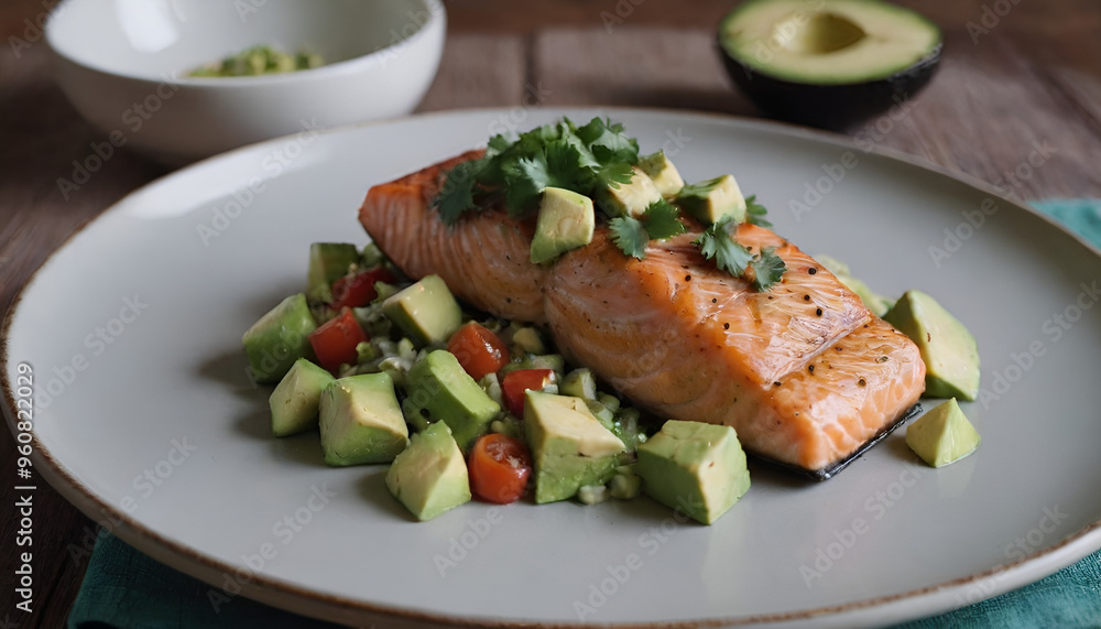 cilantro lime baked salmon with avocado salsa on a plate cilantro lime baked salmon with avocado salsa on a plate