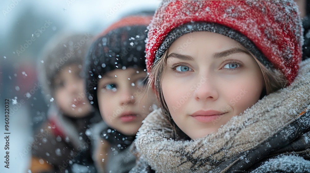 Close up portrait of a young woman with blue eyes looking at the camera in the snow, a young boy is looking off to the side in the background. Close up portrait of a young woman with blue eyes looking at the camera in the snow, a young boy is looking off to the side in the background.