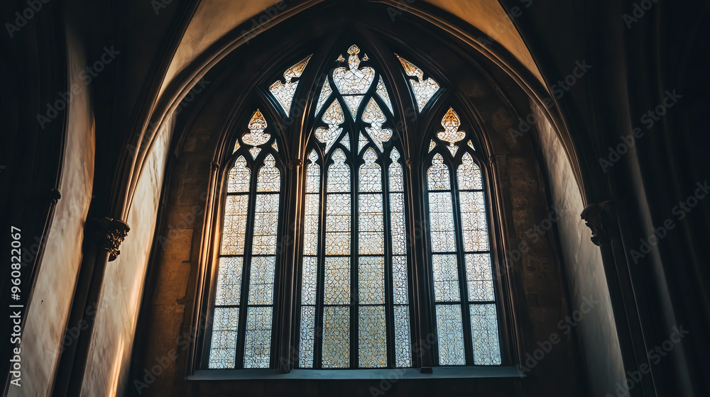 A stunning gothic window with intricate designs and soft light illuminating the space, perfect for architectural and artistic themes. A stunning gothic window with intricate designs and soft light illuminating the space, perfect for architectural and artistic themes.