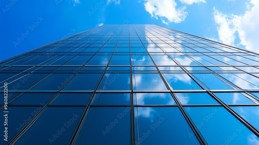 A stunning view of a modern skyscraper against a bright blue sky, showcasing glass reflections and cloud patterns. A stunning view of a modern skyscraper against a bright blue sky, showcasing glass reflections and cloud patterns.