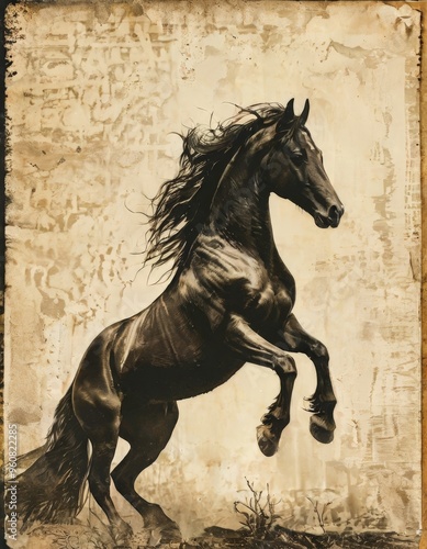 A dynamic portrayal of a powerful black horse rearing against an aged parchment background, capturing the strength and grace of the stallion in an artistic and timeless setting. photo