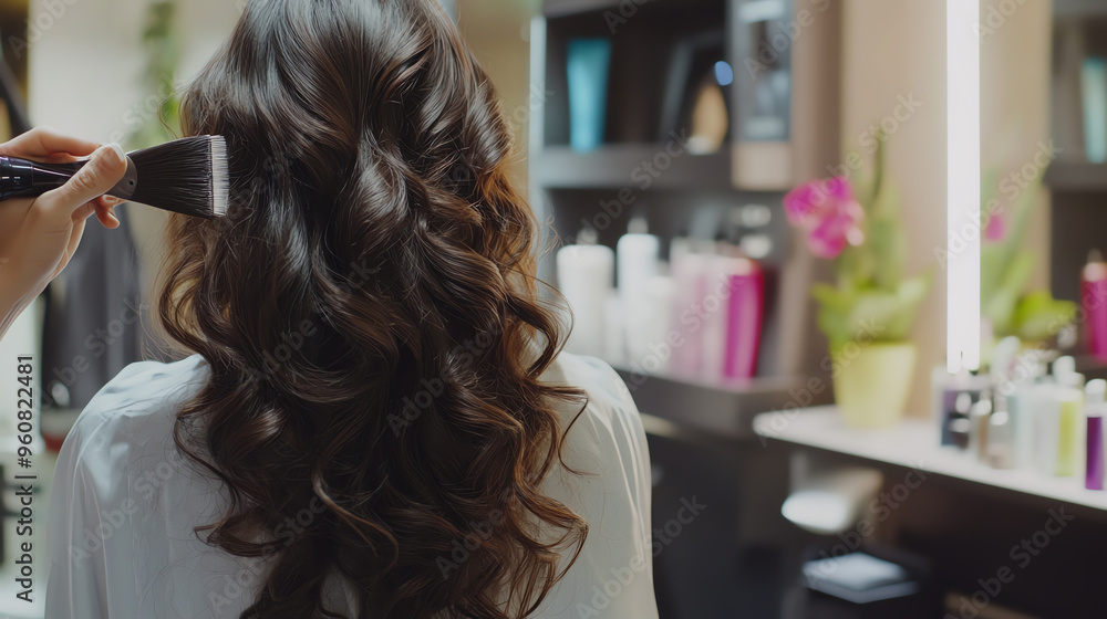 Fototapeta premium A stylist is curling beautiful hair in a modern salon. The rich curls enhance the glamour and elegance of the look.