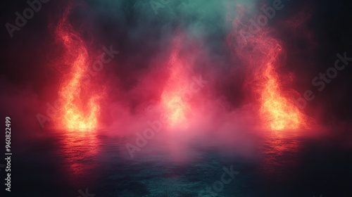 Abstract background of three red flames with smoke and fog on a dark reflective surface.