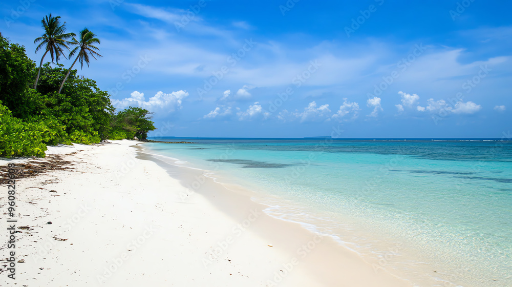 A tranquil beach scene with white sand, clear water, and palm trees under a bright blue sky, perfect for relaxation and escape. A tranquil beach scene with white sand, clear water, and palm trees under a bright blue sky, perfect for relaxation and escape.