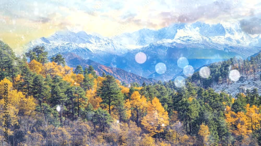 snowing in tibet mountain range with forrest and tree. seamless looping time-lapse virtual 4k video animation background snowing in tibet mountain range with forrest and tree. seamless looping time-lapse virtual 4k video animation background