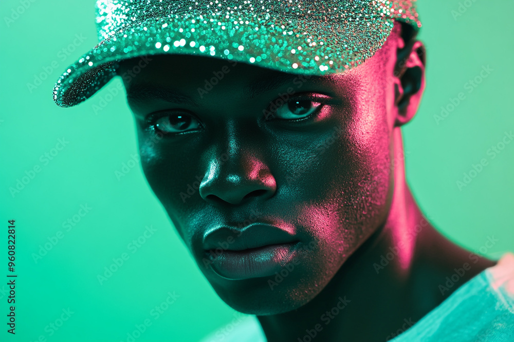 Fashion Lifestyle Portrait Men in Sequined Cap with Solid Neon Green Background Stylish and Modern Look Fashion Lifestyle Portrait Men in Sequined Cap with Solid Neon Green Background Stylish and Modern Look