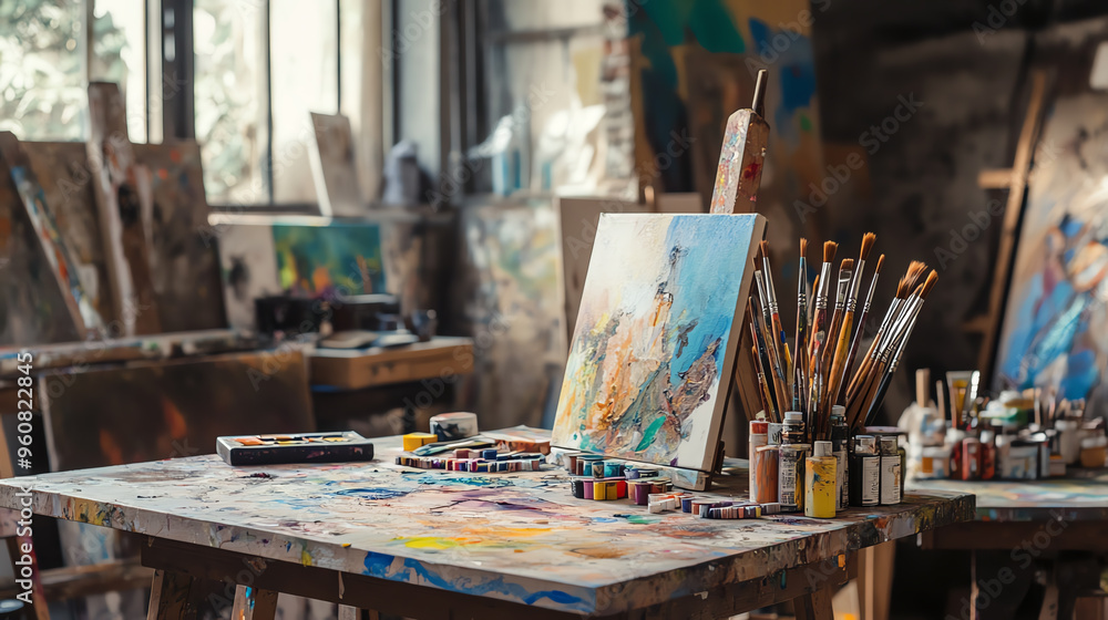 A vibrant artist's studio filled with colorful supplies, canvases, and brushes showcasing a creative workspace atmosphere. A vibrant artist's studio filled with colorful supplies, canvases, and brushes showcasing a creative workspace atmosphere.