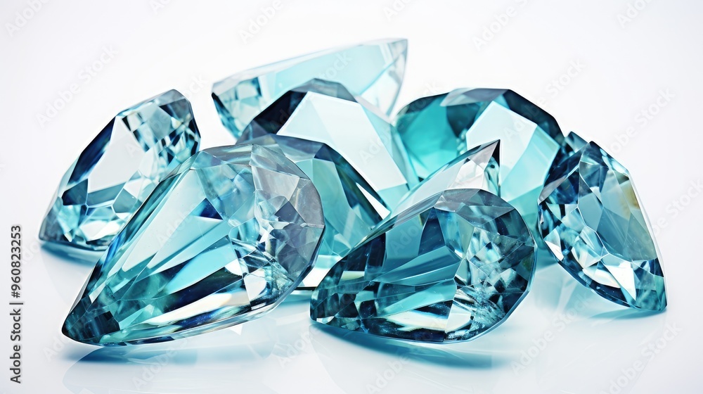 A collection of sparkling blue gemstones arranged artistically on white background, showcasing their clarity and brilliance. A collection of sparkling blue gemstones arranged artistically on white background, showcasing their clarity and brilliance.