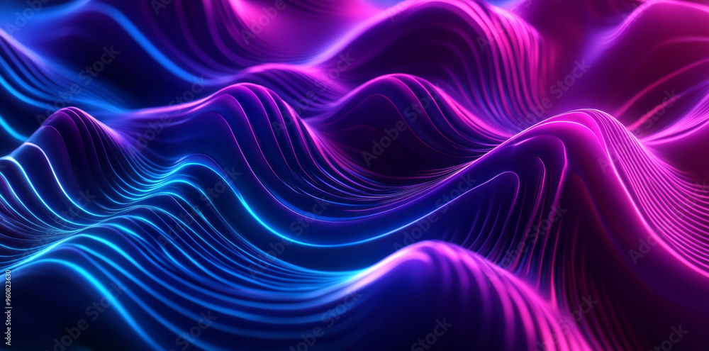 3D render of an abstract background with neon, glowing waves in shades of purple and blue. Modern wallpaper design for a presentation 3D render of an abstract background with neon, glowing waves in shades of purple and blue. Modern wallpaper design for a presentation