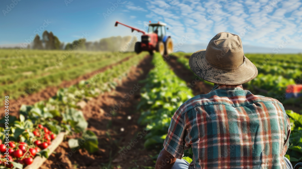 Fototapeta premium Person observing tractor farming in field of crops under clear sky