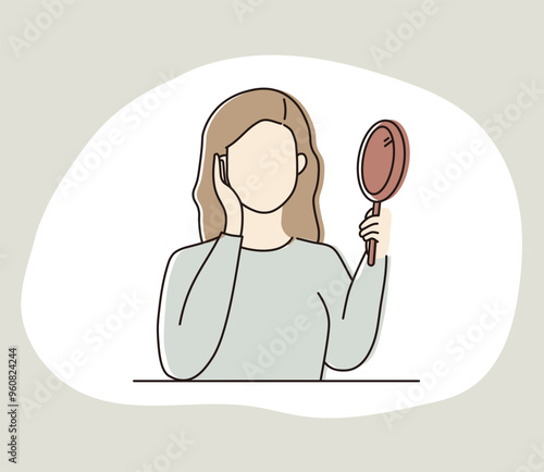 Faceless young woman looking into mirror. Beauty, cosmetic, makeup, skincare concept. Simple line art character portrait vector illustrations.