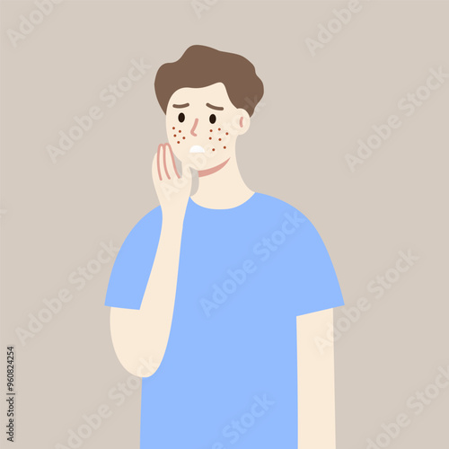 Young man with pimple on face cheeks. Boy worrying about skin problem. Beauty, cosmetic, skincare, treatment, daily routine, self-care, hygiene concept. Flat character vector design illustration.