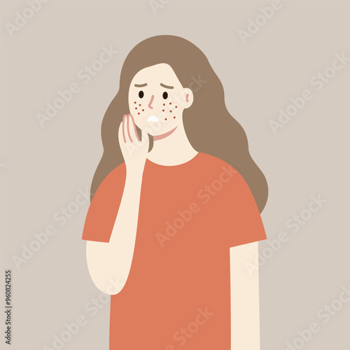 Young woman with pimple on face cheeks. Girl worrying about skin problem. Beauty, cosmetic, skincare, treatment, daily routine, self-care, hygiene concept. Flat character vector design illustration.