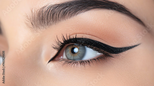 Close-up of a beautifully styled eye featuring winged eyeliner and mesmerizing eye color, highlighting cosmetic details and beauty.