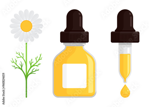 Dropper bottle with chamomile flower and yellow liquid drop. Flat vector illustration isolated on white background. Essential oil, herbal extract concept. Great for aromatherapy and homeopathy designs