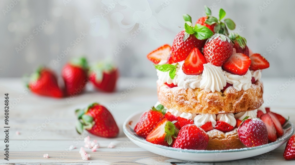 Layered strawberry shortcake with fresh strawberries and whipped cream on plate Layered strawberry shortcake with fresh strawberries and whipped cream on plate