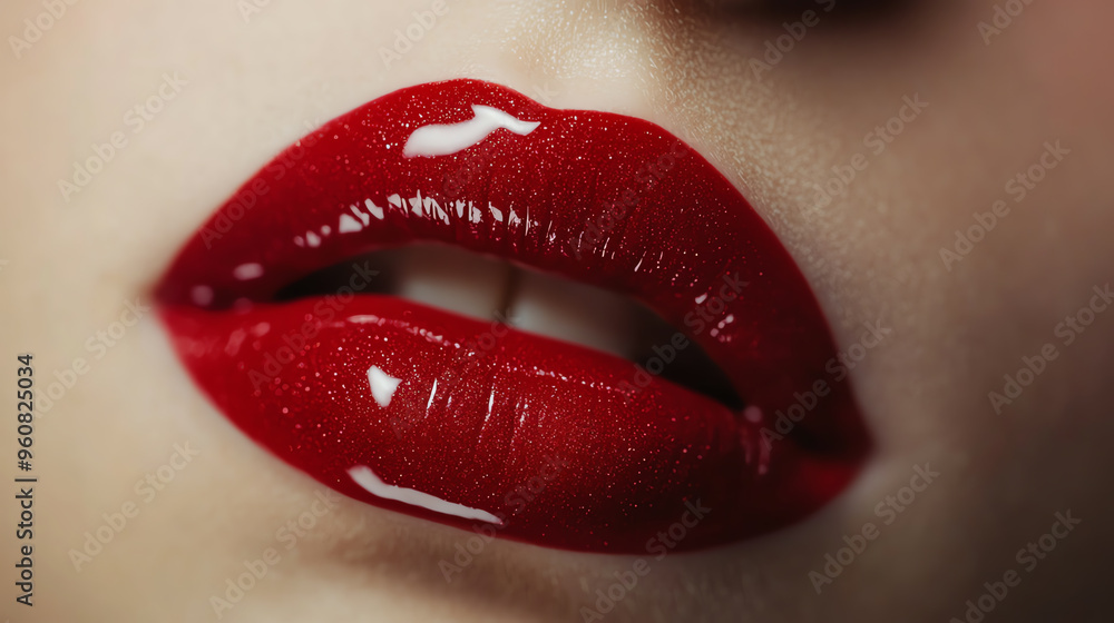 Close-up of glossy red lips, showcasing a bold and vibrant color perfect for beauty and makeup themes. Close-up of glossy red lips, showcasing a bold and vibrant color perfect for beauty and makeup themes.