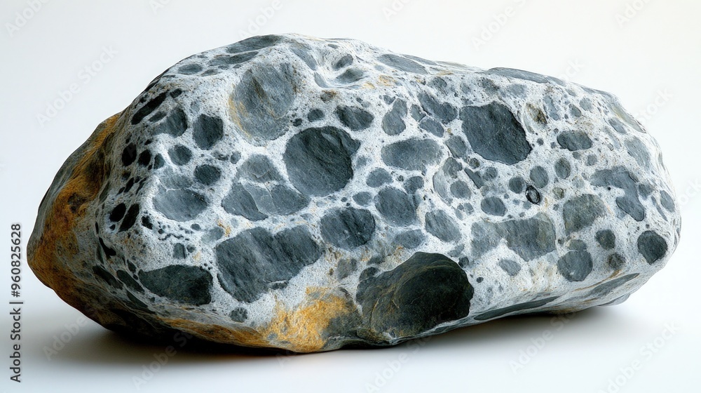 A close-up of a gray and white rock with a unique, bubbly texture. A close-up of a gray and white rock with a unique, bubbly texture.