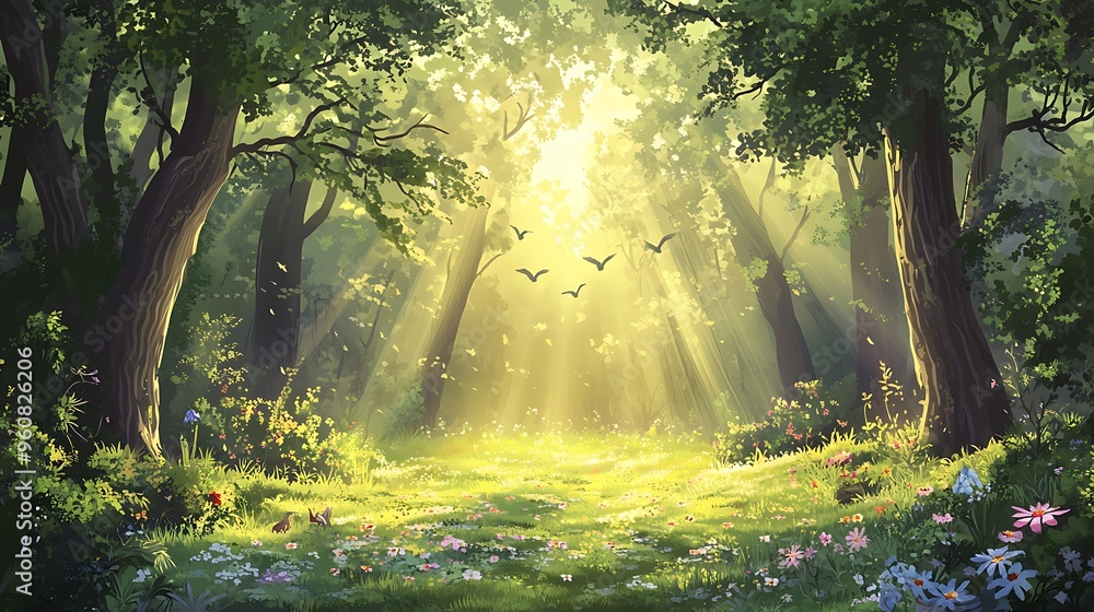 Obraz premium Sunbeams in a Lush Forest Clearing