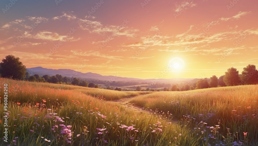 Colorful sunrise over lush green field with a dirt pathway view. Colorful sunrise over lush green field with a dirt pathway view.