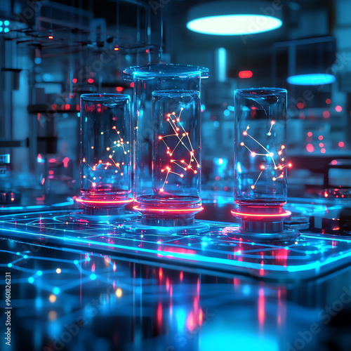 Futuristic laboratory scene with glowing glass beakers and holographic data, representing advanced scientific research and experimentation.