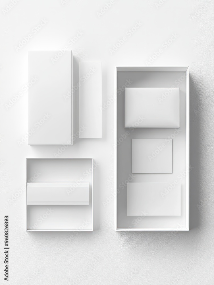 Business gift box with white packaging and business card on white background. Mock up. Top view. 3D rendering. Business gift box with white packaging and business card on white background. Mock up. Top view. 3D rendering.