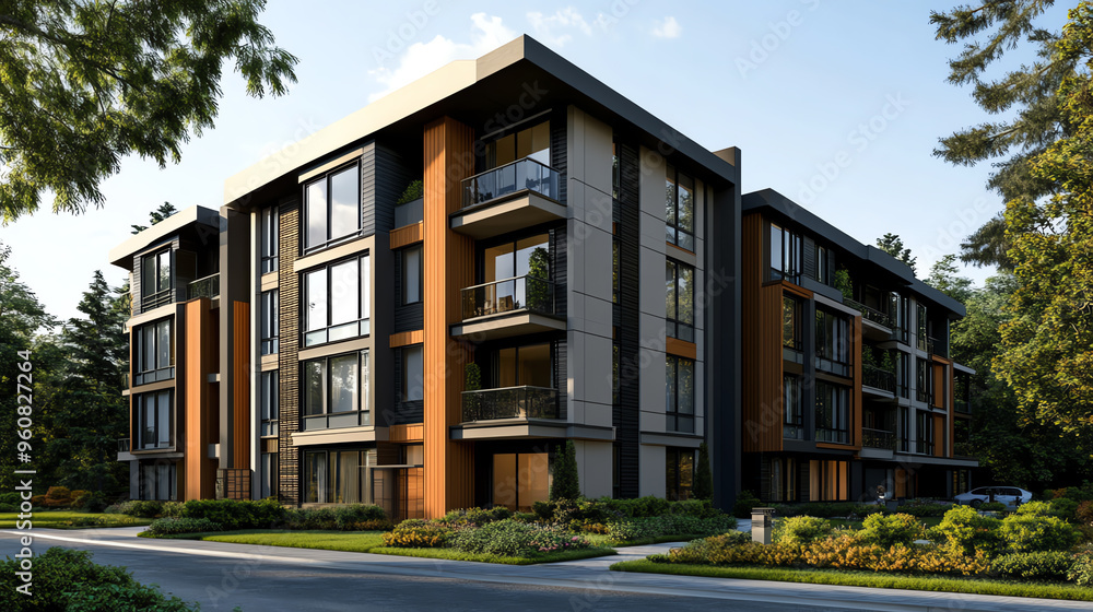 Modern apartment building surrounded by greenery, showcasing contemporary architecture and spacious living environments. Modern apartment building surrounded by greenery, showcasing contemporary architecture and spacious living environments.