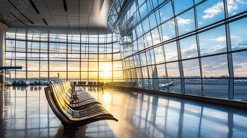 Modern airport interior showcasing sleek design, large windows, and a beautiful sunrise view, creating a serene travel atmosphere.