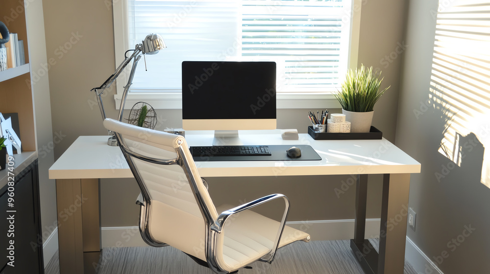 Modern home office setup featuring a sleek desk, comfortable chair, and natural light for an inviting workspace. Modern home office setup featuring a sleek desk, comfortable chair, and natural light for an inviting workspace.