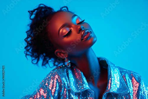 Womens Silver Sequined Jacket with Solid Neon Blue, Lifestyle Portrait, Fashion Background, Chic, Bold, Fashion forward