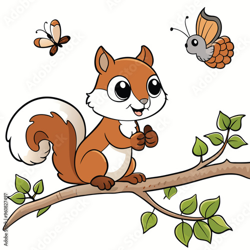 A delightful baby squirrel sits on a tree branch munching on a snack while colorful butterflies flutter nearby in a vibrant forest setting