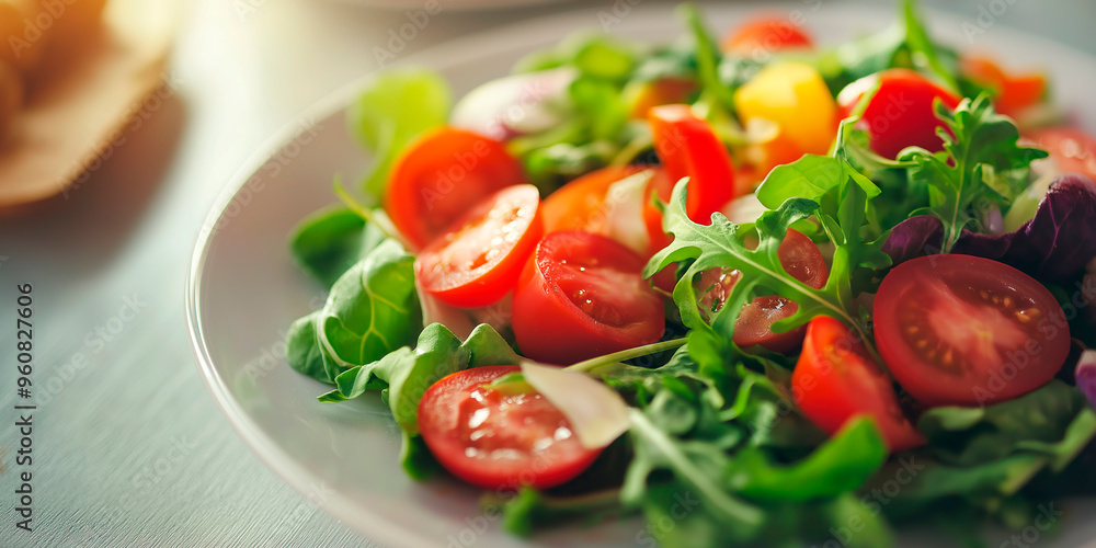A plate of salad with tomatoes and greens. The salad is colorful and fresh A plate of salad with tomatoes and greens. The salad is colorful and fresh