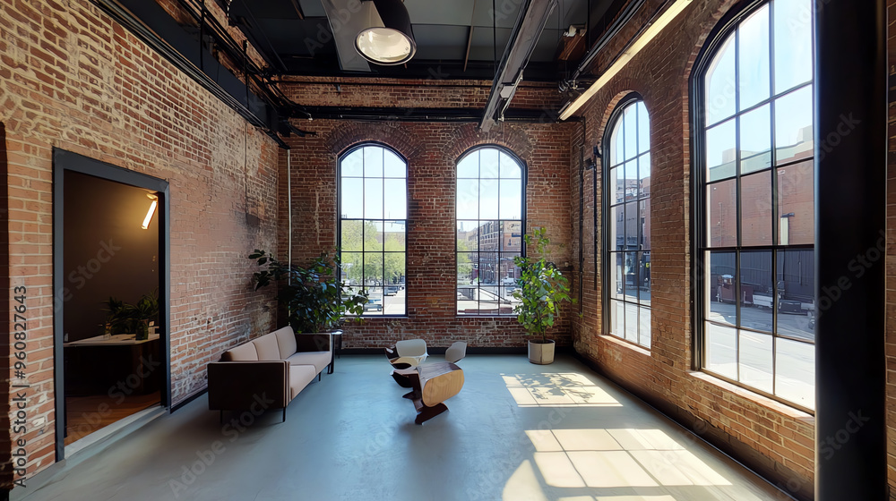Modern office interior featuring large windows, exposed brick walls, and minimalist furniture for a bright and inviting atmosphere. Modern office interior featuring large windows, exposed brick walls, and minimalist furniture for a bright and inviting atmosphere.