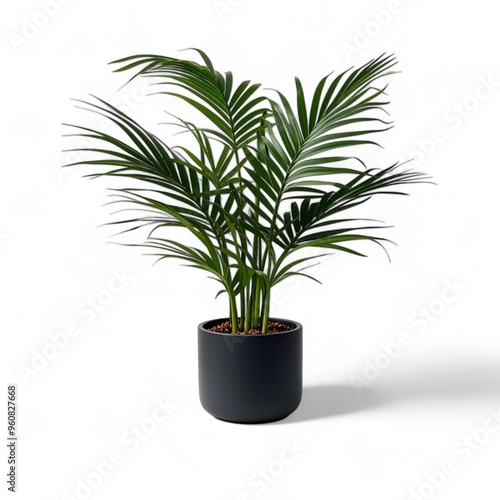 Kentia palm (Howea forsteriana) in a pot on a white background. clipping path element. gives a tropical and elegant feel to a large room such as a living room or lobby. photo