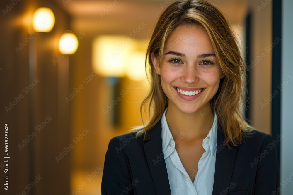 Smiling female hotel receptionist in a hallway looking at camera. Copy space. Smiling female hotel receptionist in a hallway looking at camera. Copy space.