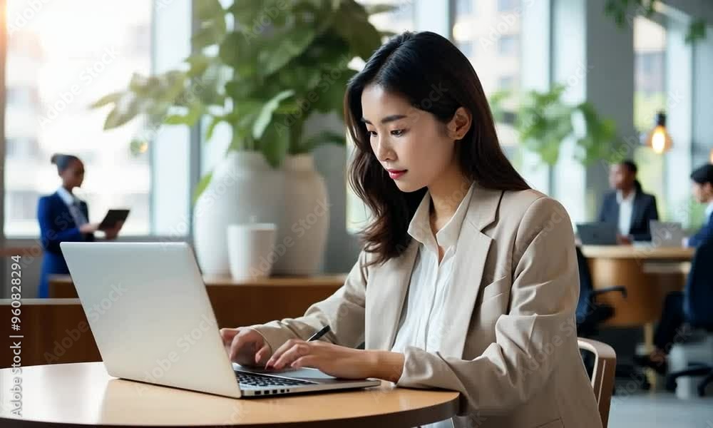 Businesswoman Focused on Work Using Laptop in Office Businesswoman Focused on Work Using Laptop in Office