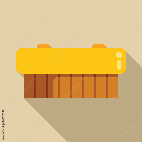 Yellow wooden scrub brush for cleaning is lying on beige background