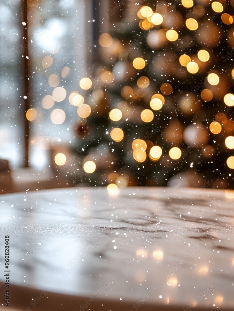 Christmas themed background with a marble table and a warm living room decor featuring a Christmas tree and string lights, creating a blurred bokeh effect with snow. This serves as a holiday backdrop Christmas themed background with a marble table and a warm living room decor featuring a Christmas tree and string lights, creating a blurred bokeh effect with snow. This serves as a holiday backdrop