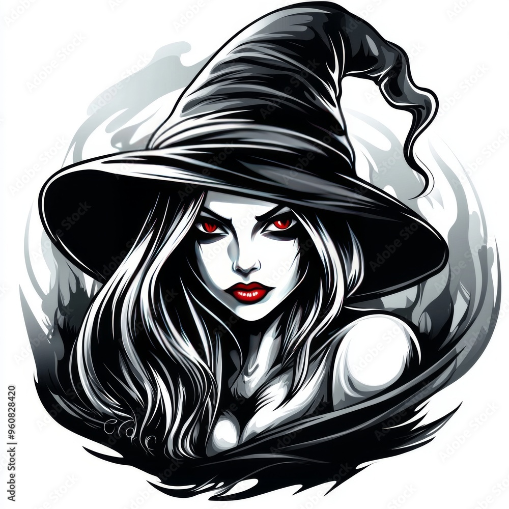A beautiful witch with long black hair and red eyes wearing a black pointy hat. A beautiful witch with long black hair and red eyes wearing a black pointy hat.