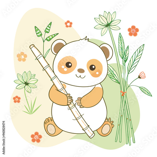 A cute baby panda sits joyfully with a bamboo stick surrounded by charming flowers and lush green plants in a peaceful natural environment