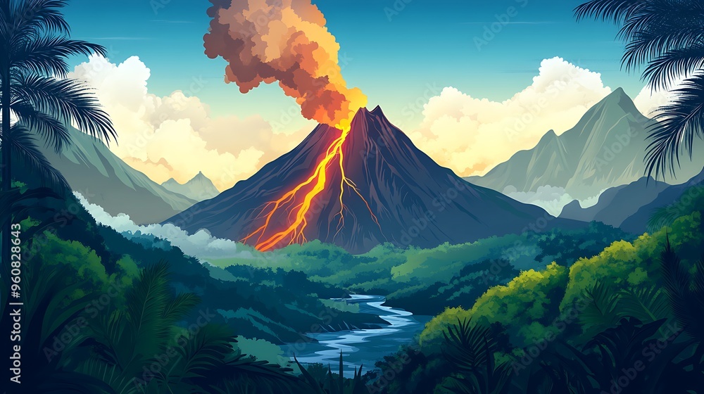Obraz premium Erupting Volcano in Tropical Rainforest Landscape