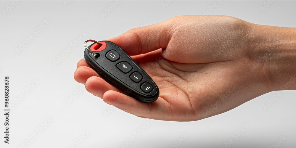 Fototapeta premium Hand Holding Car Remote Key on Soft Gray Background