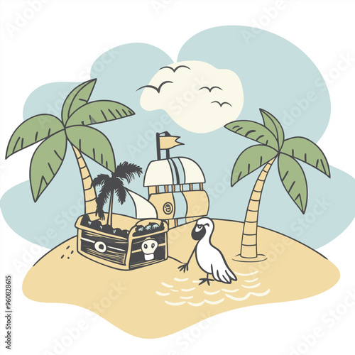 A pirate ship anchored on a sandy beach near a treasure chest surrounded by palm trees and a seagull enjoying the coastal breeze