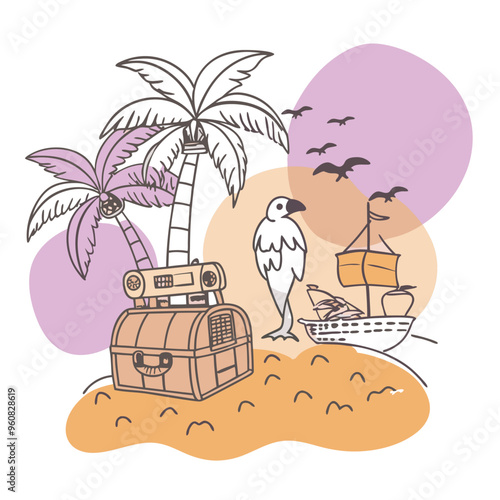 A treasure chest rests on a sandy beach surrounded by palm trees while a ship sets sail in the distance under a bright blue sky photo